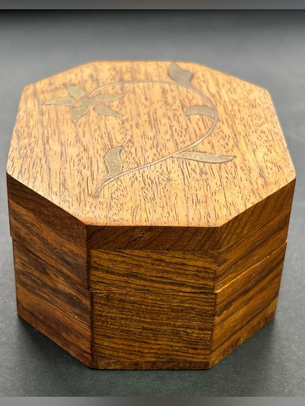 Octagonal Wood Jewelry Box with Inlaid Floral Detail